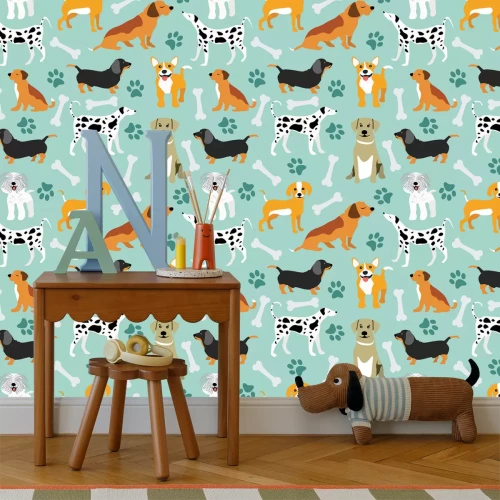 Fototapete Zeichnung mit verschiedenen Hunden und Knochen