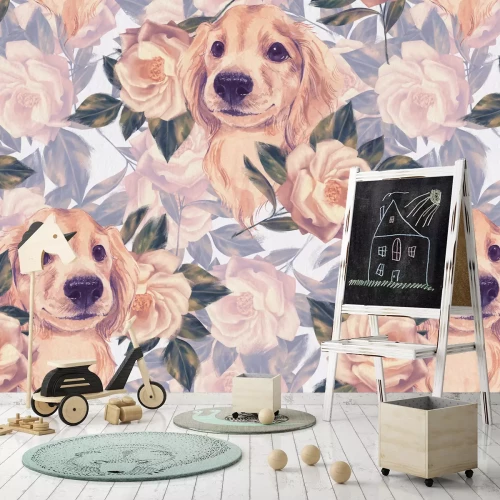 Fototapete Golden Retriever Hund zwischen Rosen