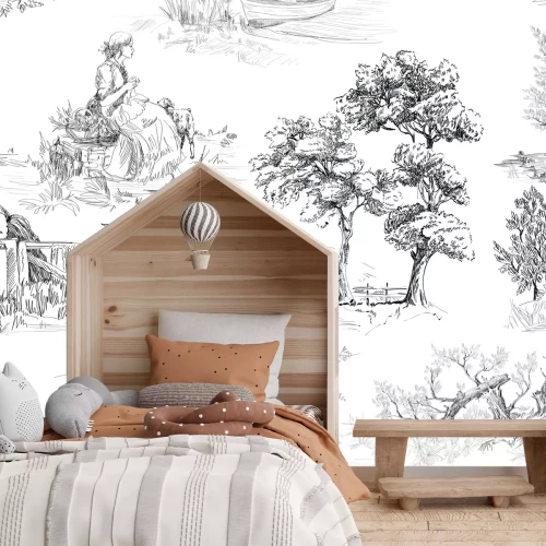 Fototapete Zeichnung eines Dorfes mit Bäumen und Hunden