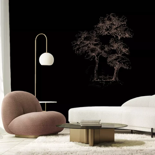 Fototapete Zeichnung eines Dorfes mit Bäumen und Hunden