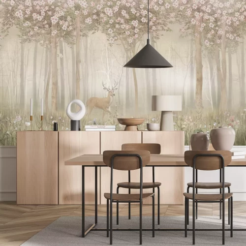 Fototapete Waldlandschaft mit Blumen und einem Hirsch