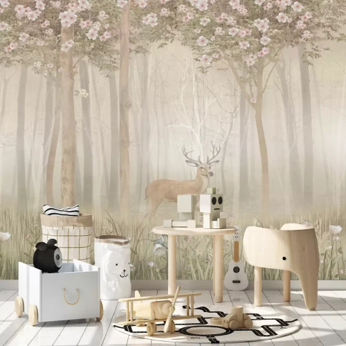 Fototapete Waldlandschaft mit Blumen und einem Hirsch