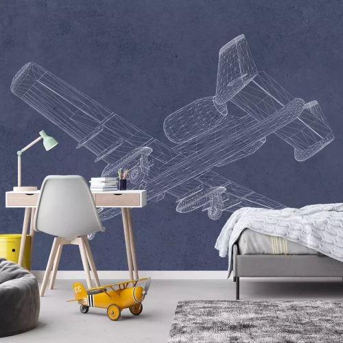 Fototapete Skizze eines Flugzeugs auf marineblauem Hintergrund mit Betonstruktur