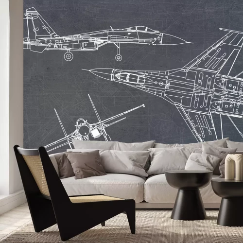Fototapete Technische Zeichnung Jagdflugzeug auf grauem Hintergrund