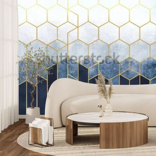 Fototapete Geometrische Abstraktion von Sechsecken auf einem blauen Reliefhintergrund mit Goldelementen. Fresko für den Innendruck, Tapeten.
