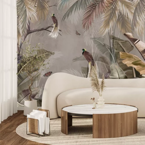 Fototapete Schmetterlinge und Vögel zwischen bunten Blättern