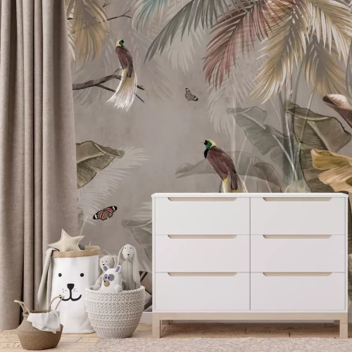 Fototapete Schmetterlinge und Vögel zwischen bunten Blättern