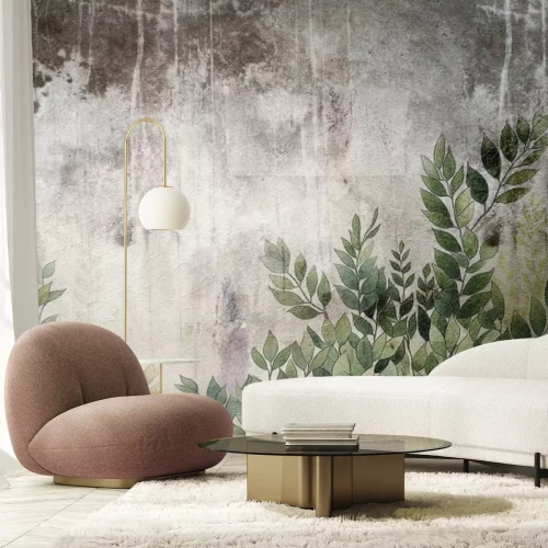 Fototapete Grüne Blätter auf grauem Beton