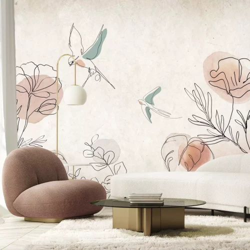 Fototapete Abstrakte Aquarellmalerei von Blumen und Vögeln