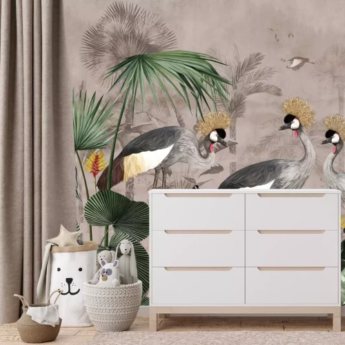 Fototapete Exotische Kraniche zwischen den Blättern