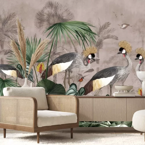 Fototapete Exotische Kraniche zwischen den Blättern