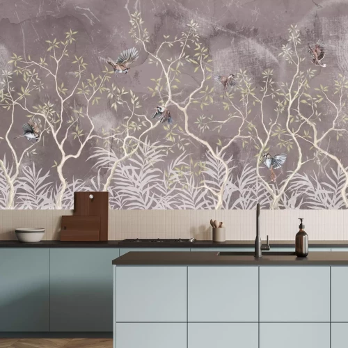 Fototapete Botanisches Muster mit Sträuchern und Vögeln