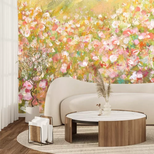 Fototapete Gemalte Wiese mit bunten Blumen