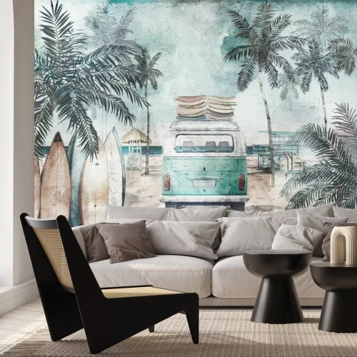 Fototapete Van und Surfbretter am Strand Aquarellillustration