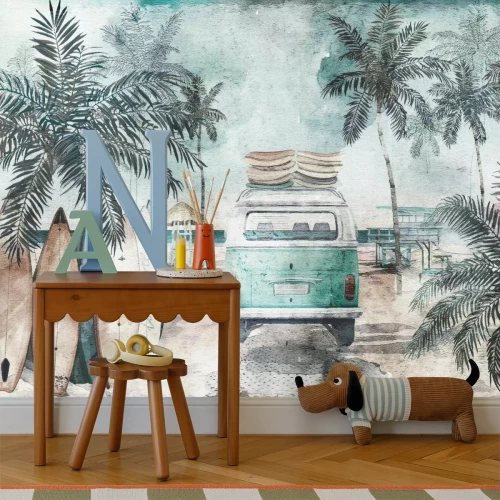 Fototapete Van und Surfbretter am Strand Aquarellillustration