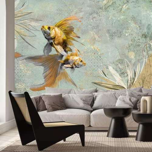 Fototapete Goldfische mit Pflanzen auf einem Vintage-Hintergrund