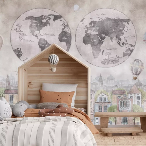 Fototapete Weltkarte vor dem Hintergrund einer bunten Stadt