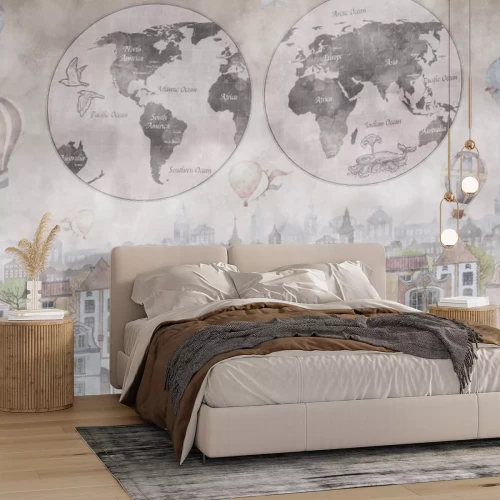 Fototapete Weltkarte vor dem Hintergrund einer bunten Stadt