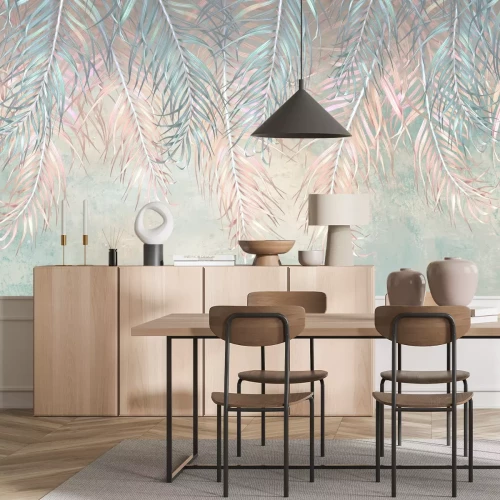 Fototapete Blaue und rosa Palmblätter