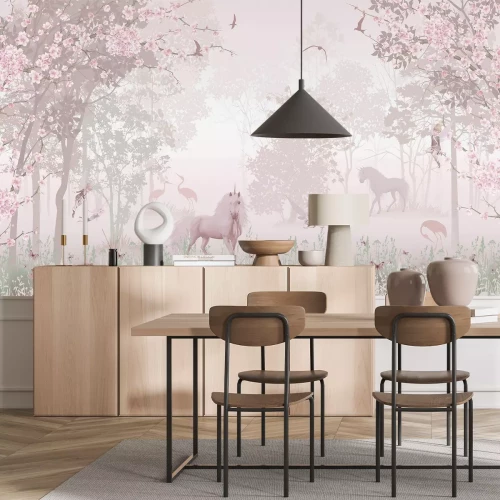 Fototapete Einhorn in einem magischen rosa Wald