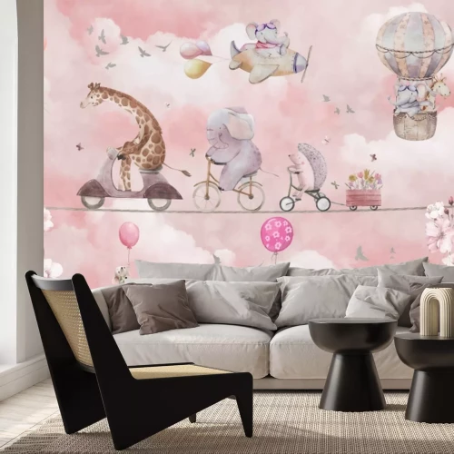 Fototapete Giraffe und Elefant in den Wolken zwischen Blumen