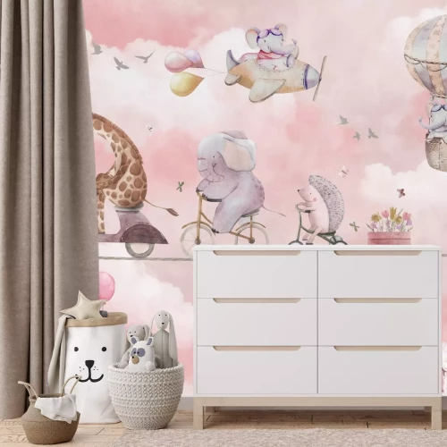 Fototapete Giraffe und Elefant in den Wolken zwischen Blumen