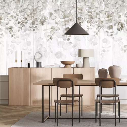 Fototapete Hängende Blätter auf Holzbohlen