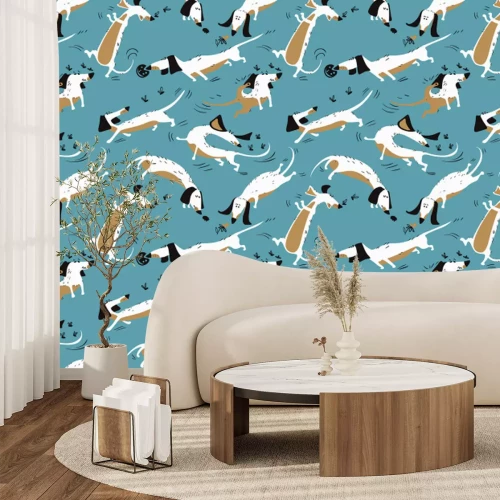 Fototapete Comic-Muster Hunde auf blauem Hintergrund Illustration