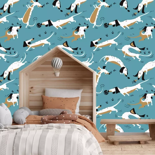 Fototapete Comic-Muster Hunde auf blauem Hintergrund Illustration