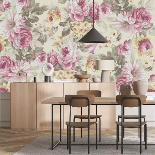 Fototapete Blühende rosa und gelbe Pfingstrosenblumen