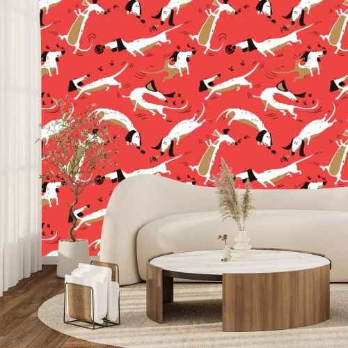 Fototapete Comic-Muster Hunde auf rotem Hintergrund