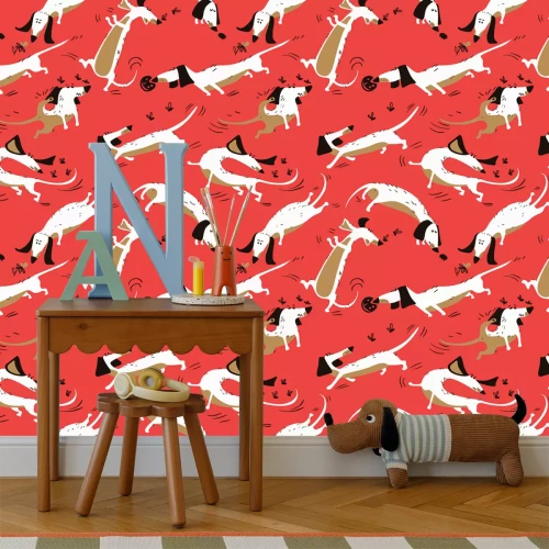 Fototapete Comic-Muster Hunde auf rotem Hintergrund