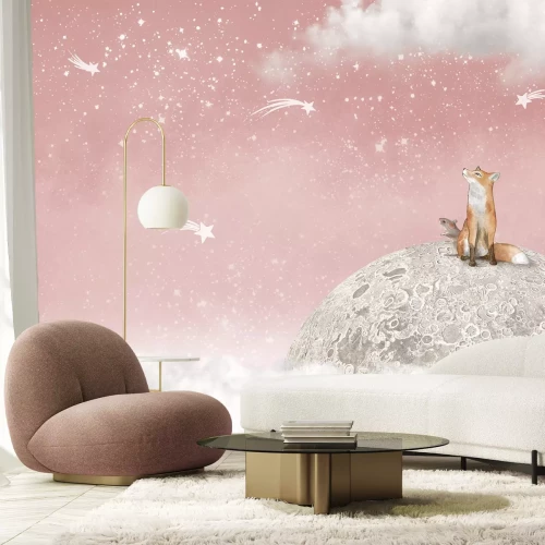 Fototapete Fuchs und Maus auf dem Mond rosa Himmel mit Sternen Märchenthema