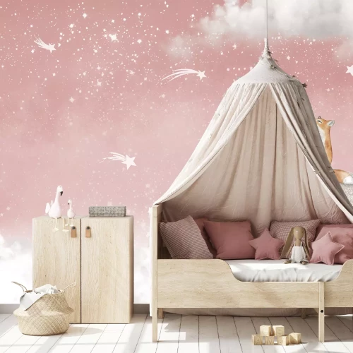 Fototapete Fuchs und Maus auf dem Mond rosa Himmel mit Sternen Märchenthema