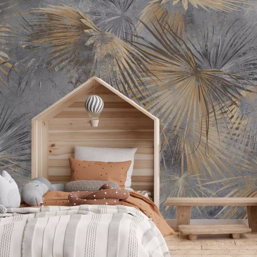 Fototapete Braune Palmblätter auf grauem Beton