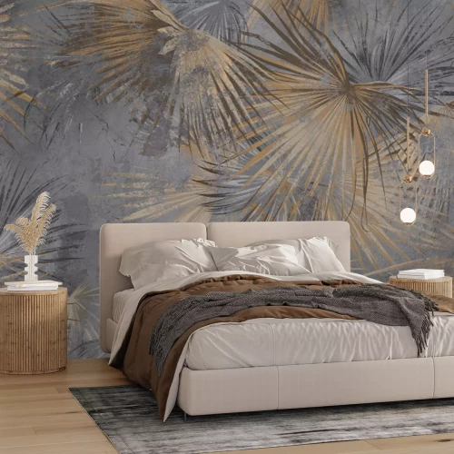 Fototapete Braune Palmblätter auf grauem Beton