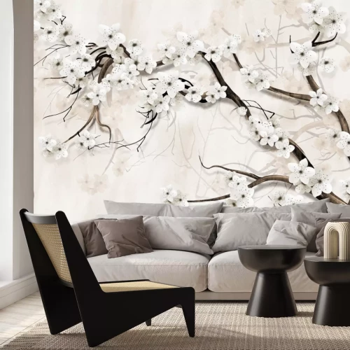 Fototapete 3D-Kirschblüte auf hellem Hintergrund