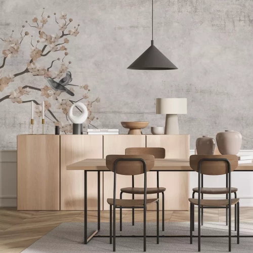 Fototapete Kirschbaum mit Vögeln an einer Betonwand