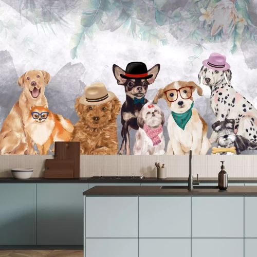 Fototapete Lustige Hunde auf Aquarellhintergrund mit Blumen und Blättern