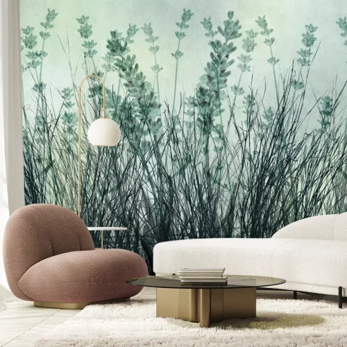 Fototapete Wiese mit Gras und Lavendelblumen