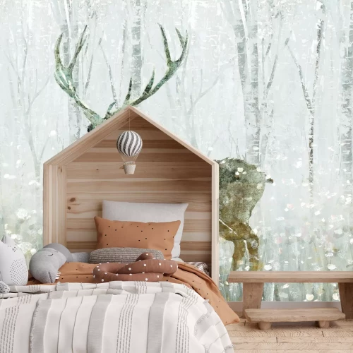 Fototapete Winterliche Waldlandschaft mit einem Hirsch