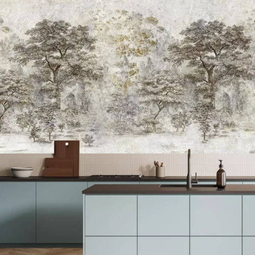 Fototapete Waldlandschaft mit Bäumen auf Stein