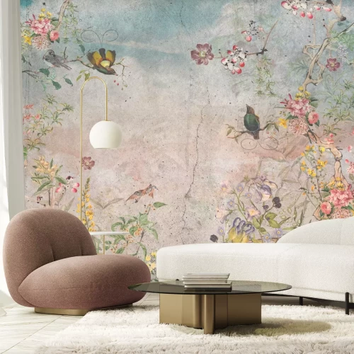 Fototapete Botanisches Muster mit Blumen und Vögeln