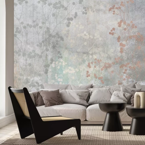 Fototapete Spiegelung von Blättern an einer Betonwand