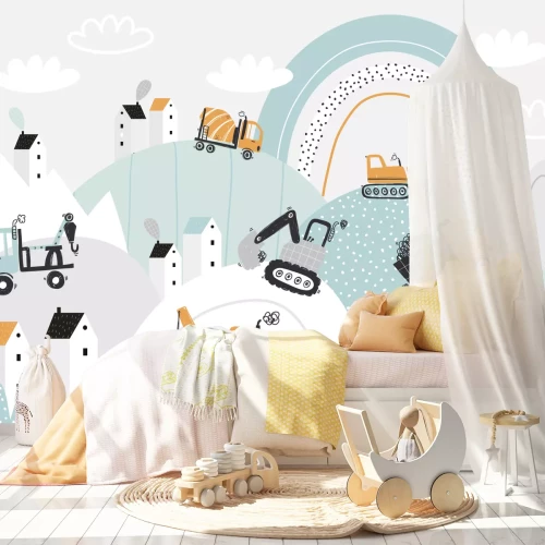 Fototapete Baumaschinen auf Hügeln zwischen Wolken