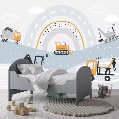 Fototapete Baumaschinen vor einem abstrakten Regenbogen