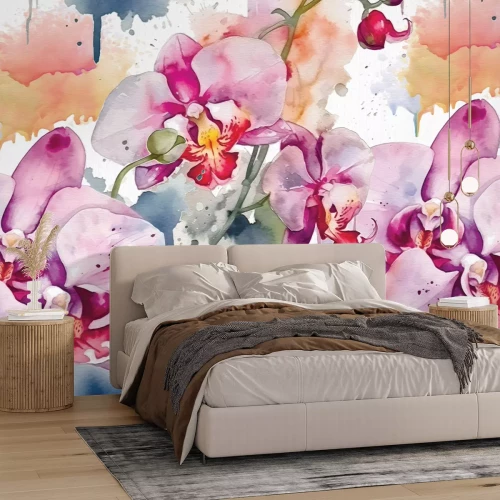 Fototapete Aquarellblätter und Orchideenblüten