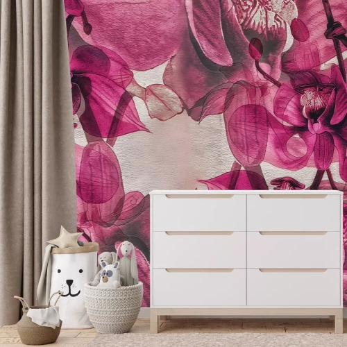 Fototapete Gemalte dreidimensionale Orchideen an der Wand