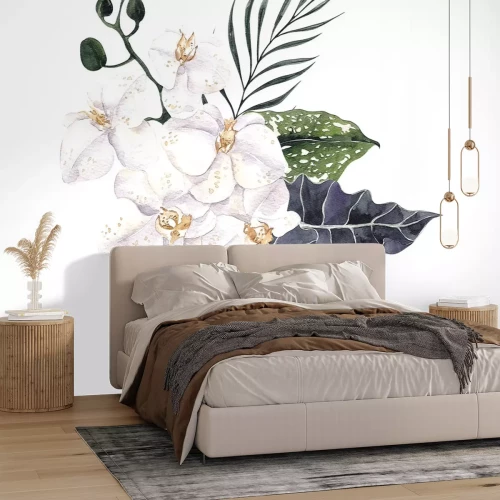 Fototapete Weiße Orchideen zwischen Blättern