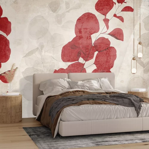 Fototapete Rote und beige Blätter auf Beton